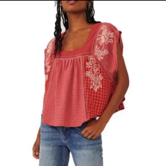 FREE  PEOPLE HALF MOON EMBROIDERED TOP CHERRY WHITE SMALL LARGE - Picture 2 of 7
